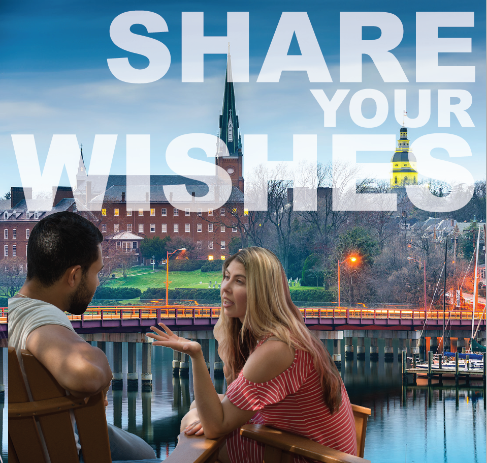 Image says 'share your wishes' with a couple talking in front of a church and lake 