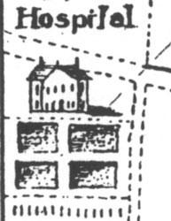 Drawing of the original hospital, from an 1801 map of Baltimore