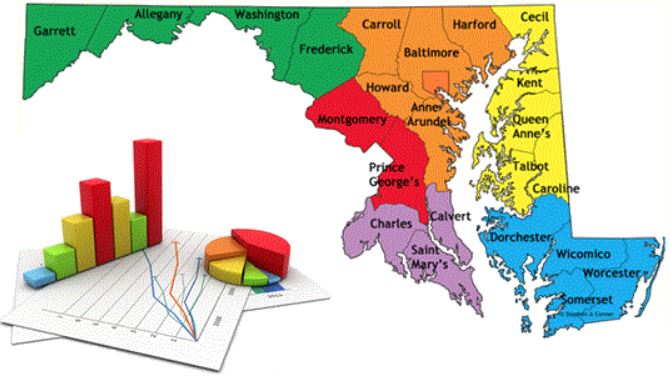 state of maryland colorcoded by region divided by county