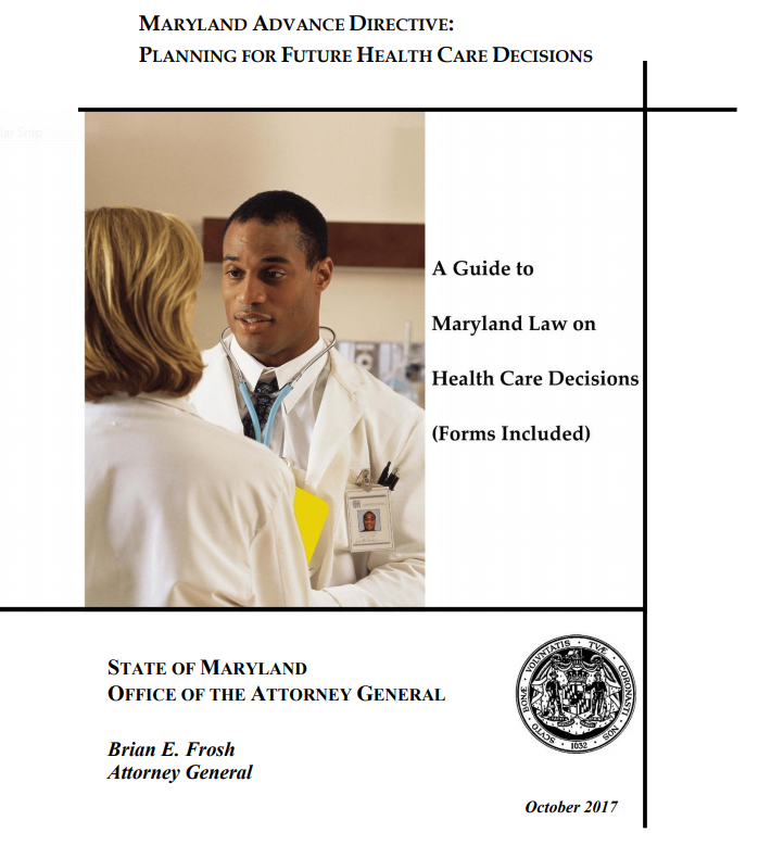 Cover of Guide to Maryland Law on Health Care Decisions, includes a picture of two doctor's talking 